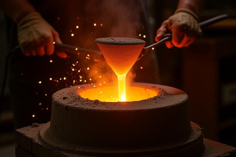Molten metal being poured into a mold, illustrating the custom metal casting process.