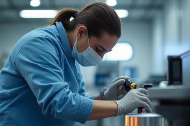 Technician applying final surface finish to a metal part in a clean industrial workshop.